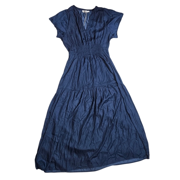 Rielle Satin Tiered V-neck Midi Dress Blue Short Sleeve size XS NWT